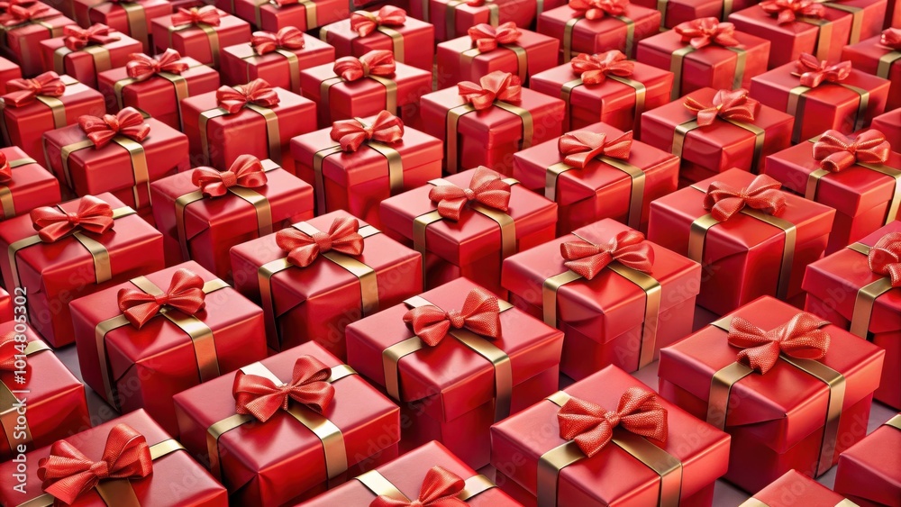 Obraz premium Vibrant arrangement of red wrapping gift boxes in rows, festive, presents, celebration, holidays, decorations, Christmas