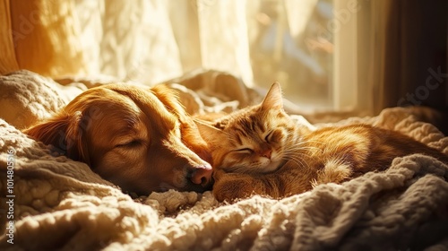 A dog and cat cuddling together in a cozy bed, peacefully napping with soft blankets and sunlight streaming in photo