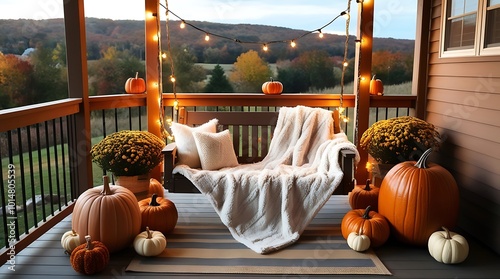 cozy outdoor porch swing with blanket, surrounded by halloween decor pumpkins, flowers, and string lights, with a scenic fall landscape in the background day of dead or halloween created with generati photo