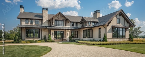 Exterior design of a home with gunmetal accents, traditional architecture, including slate and cedar details, broad windows, sand-colored roof trim, a gravel driveway, and a well-kept grassy front
