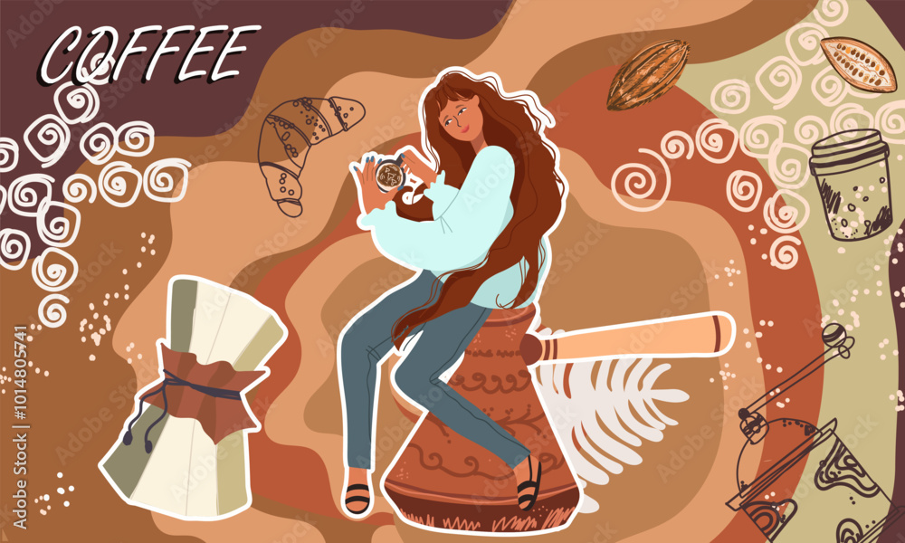 Obraz premium Collage coffee lovers, woman character, on top of a coffee pot, coffee supplies, background, template, Inspiration, idea, trendy style. Background, template, banner. Hand drawn vector illustration.