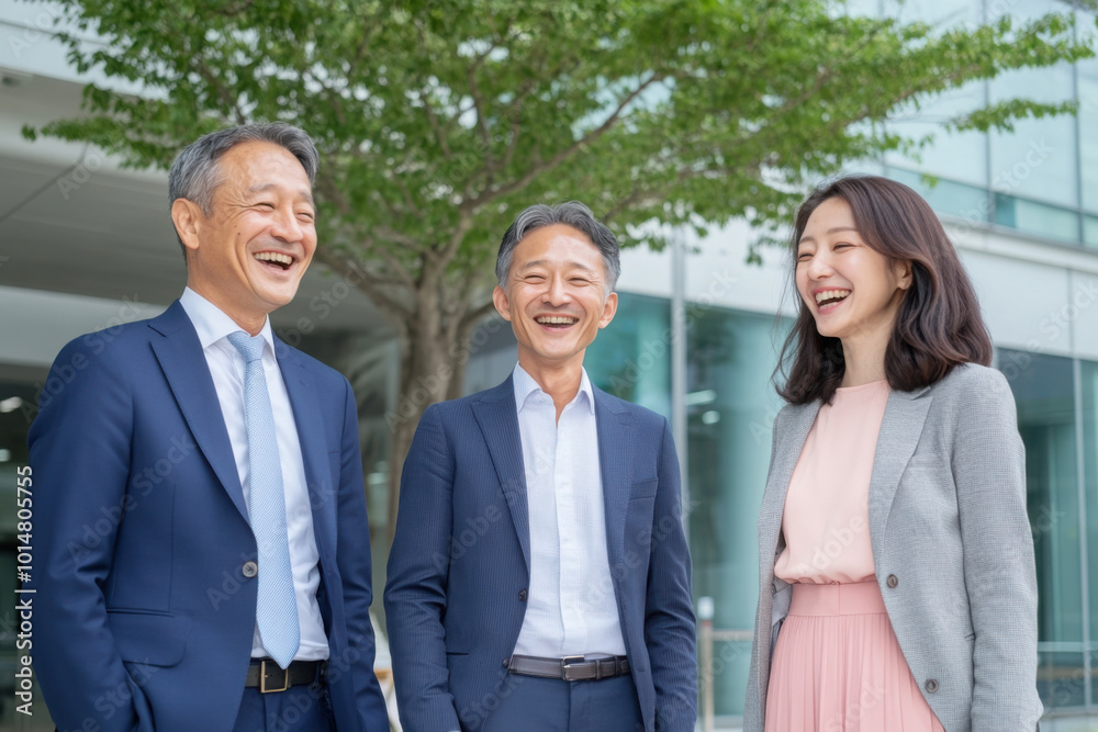 Japanese business people team, smiling and laughing, wearing suits in front of an office building with a green tree in the background. Japanese business people team, smiling and laughing, wearing suits in front of an office building with a green tree in the background.