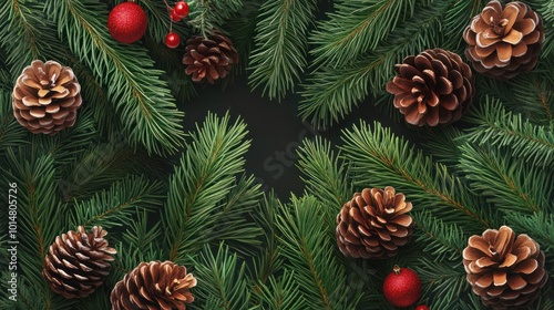 Christmas Fir tree branches and pine cones background