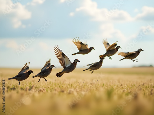 Dynamic Mid-Flight Scene of Graceful Quail Birds Against Picturesque Backdrop: Detailed Feather Patterns, Playful Movement, and Natural Beauty Ideal for Wildlife and Nature Theme Projects