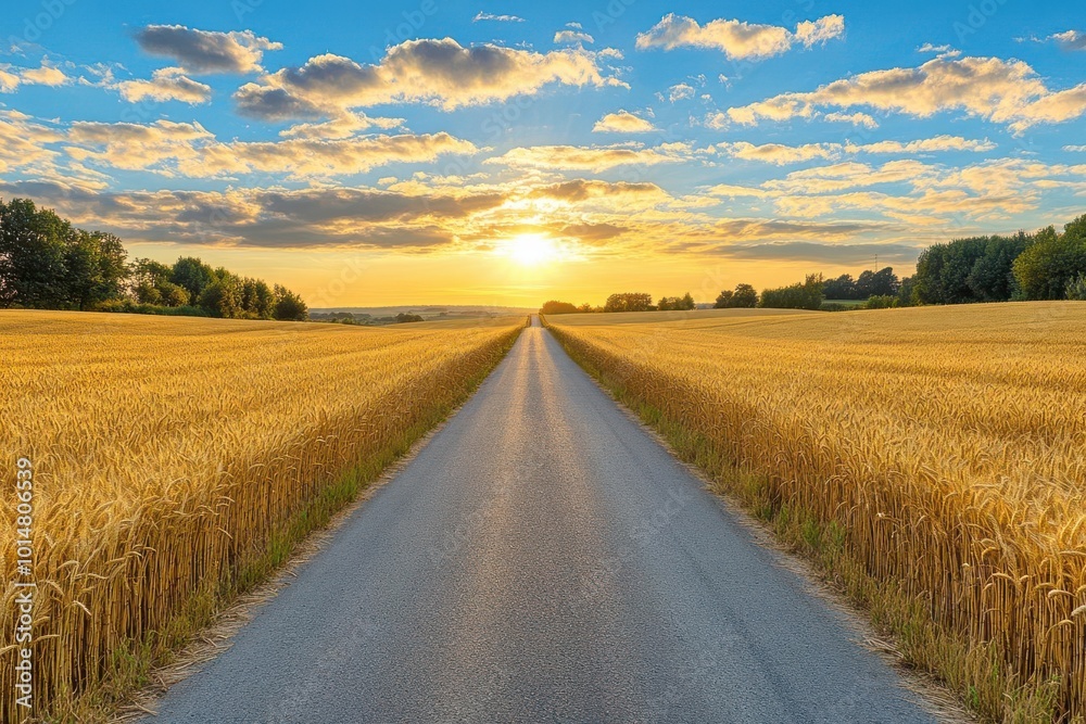 A wideangle shot of a rural road surrounded by golden wheat fields, with the sun rising over the horizon, captured to emphasize the calm and expansive beauty of the countryside A wideangle shot of a rural road surrounded by golden wheat fields, with the sun rising over the horizon, captured to emphasize the calm and expansive beauty of the countryside