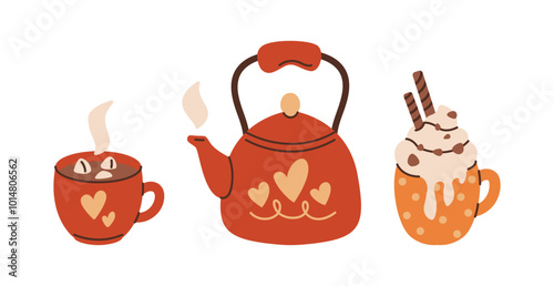 Steaming kettle with cocoa mugs flat color vector objects set. Christmas hot chocolate with marshmallows and whipped cream illustrations on white