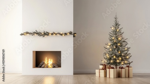 Christmas Home Room - Gift Box Below Tree With Lights And Fireplace