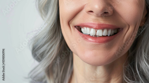 Mid age female with gray hair smile after teeth dental implant procedure. Dentistry concept. banner with white background and copy space