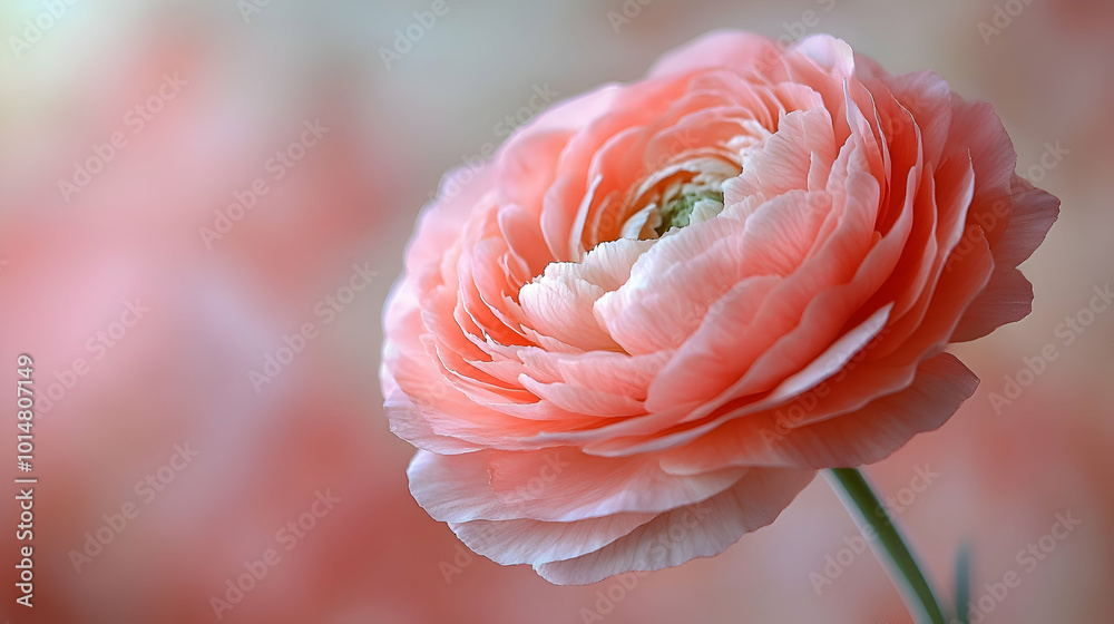 A close-up of a pink Persian buttercup bloom a soft, blurred background A close-up of a pink Persian buttercup bloom a soft, blurred background