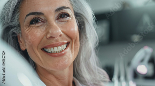 Mid age female with gray hair smile after teeth dental implant procedure. Dentistry concept. banner with white background and copy space