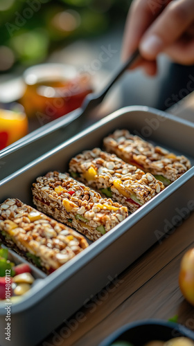 Freshly Made Soy-Free Energy Bars Being Packed into a Fun School Lunchbox, Perfect for School Days photo