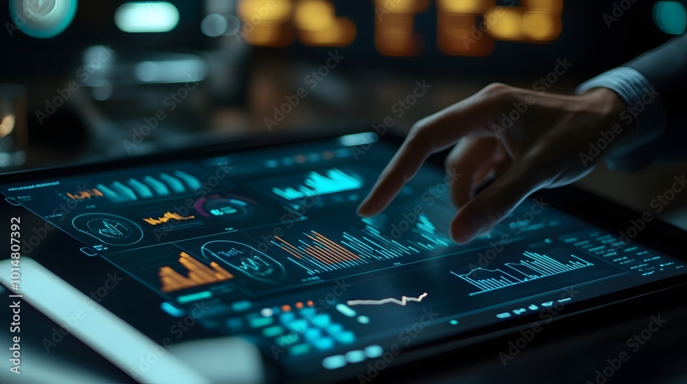Business man or analyst expanding futuristic investment virtual screen over a modern tablet. Showing if charts and infographic for investment analysis. Business man or analyst expanding futuristic investment virtual screen over a modern tablet. Showing if charts and infographic for investment analysis.