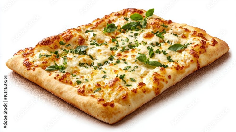 Bubbling cheese Quattro Formaggi pizza, isolated on a white background, with vibrant ingredients like fresh herbs on a wooden table