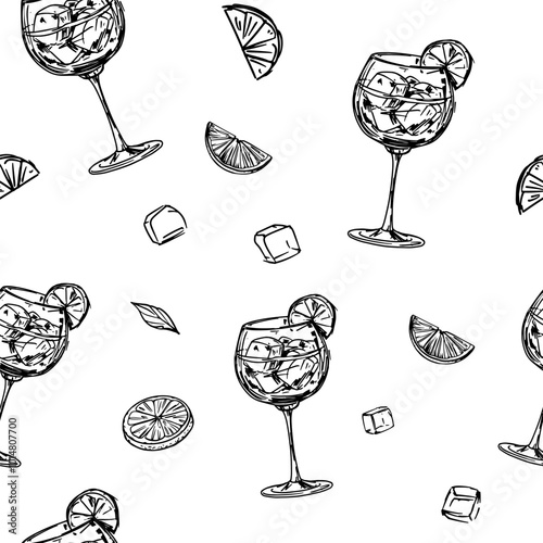 Aperol Spritz cocktail, glass alcoholic drink, sketch, seamless pattern, hand drawn illustration vector