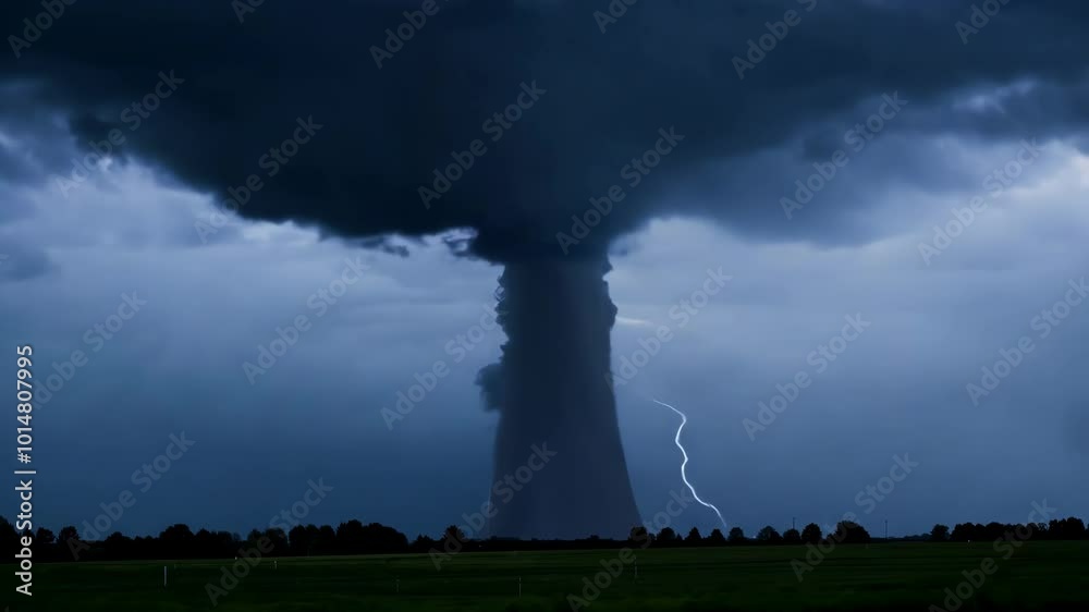 A dramatic scene of a tornado forming in the distance, surrounded by lightning strikes. A dramatic scene of a tornado forming in the distance, surrounded by lightning strikes.