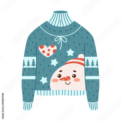 Blue Christmas sweater with cute smiling snowman face flat color vector object. Winter clothes festive design illustration on white background