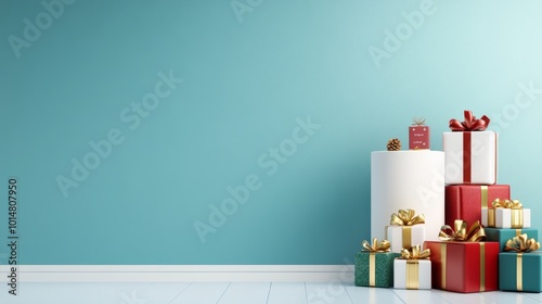 Colorful gifts and a white podium on a blue wall, festive and bright, ample space for branding or text