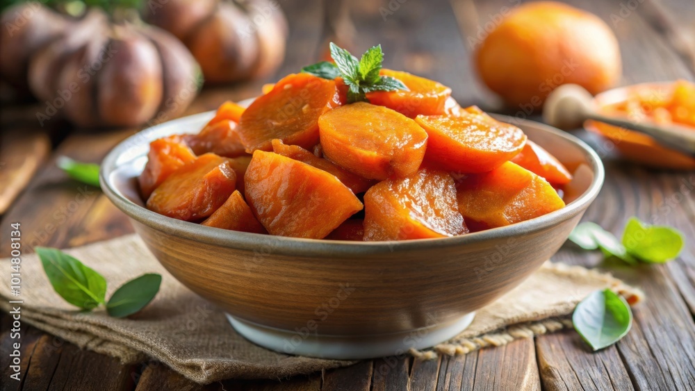 Tender candied yams in a bowl, perfect for Thanksgiving feast , Thanksgiving, sweet potatoes, yams, candied