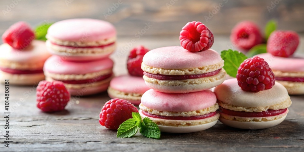 Delicious French macaroons with raspberries and cream cheese on a table, French, dessert, macaroons, raspberries Delicious French macaroons with raspberries and cream cheese on a table, French, dessert, macaroons, raspberries