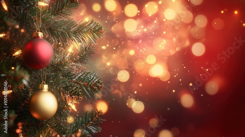 Christmas Tree With Ornament And Bokeh Lights In Red Background