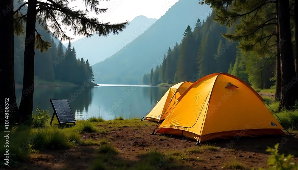 custom made wallpaper toronto digitalTwo yellow camping tents in a forest near a lake, with solar panels in the foreground created with generative ai