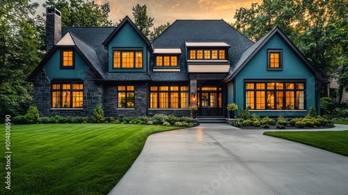 Exterior home design in aqua accents, with traditional style, dark limestone and ash details, broad windows, eggshell roof trim, a concrete driveway, and a manicured green lawn