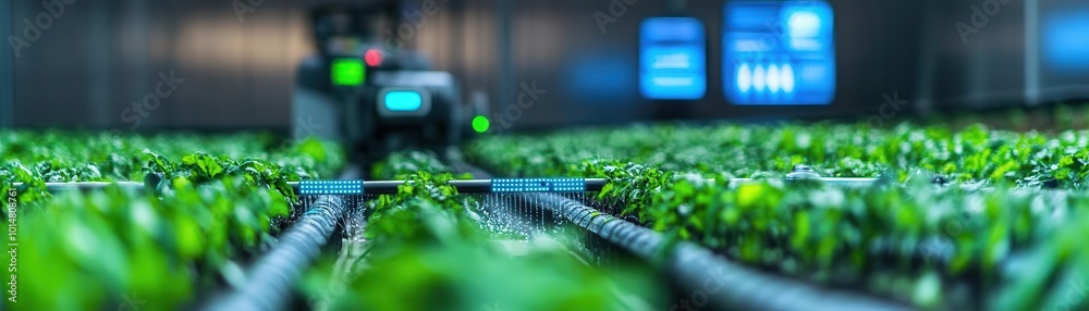A vibrant view of rows of lush green plants under artificial light in a modern greenhouse environment. A vibrant view of rows of lush green plants under artificial light in a modern greenhouse environment.