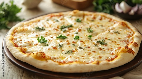 Four cheese pizza on a plate, golden bubbling cheese, white background, colorful ingredients like herbs and vegetables on a rustic wooden table