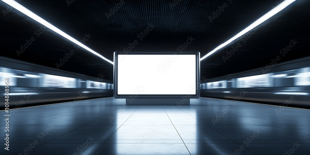 A futuristic subway station at night with a glowing advertisement screen in the center. The scene features a symmetrical perspective, polished floor tiles, and sleek modern lighting A futuristic subway station at night with a glowing advertisement screen in the center. The scene features a symmetrical perspective, polished floor tiles, and sleek modern lighting