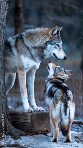 Wolf in the woods - wolves in a serene forest setting at dusk, showcasing their natural behavior and bond - companionship