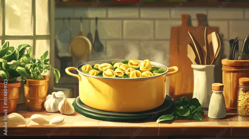 Vibrant Kitchen with Tortellini in Cooking Pot Vibrant Kitchen with Tortellini in Cooking Pot