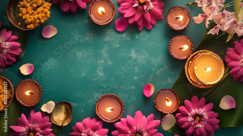 Flat lay of traditional Diwali celebration setup photo