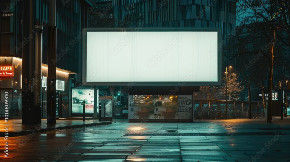 A blank white glowing billboard in the middle of an empty city square at night. The soft, ethereal lighting highlights the contrast between lightness and darkness