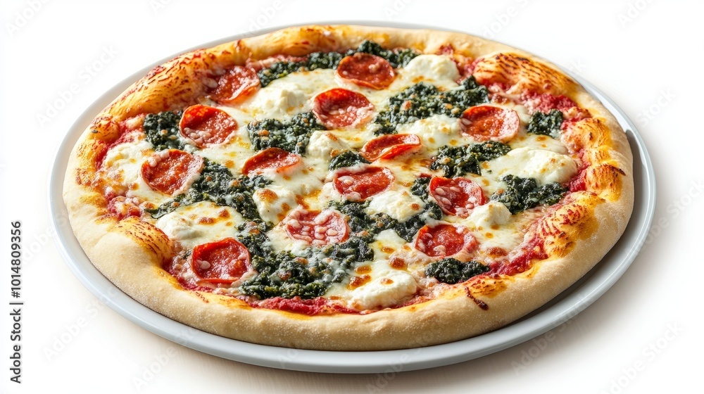 Pizza Quattro Formaggi on a plate with bubbling cheese, isolated on a white background, colorful ingredients on a wooden table Pizza Quattro Formaggi on a plate with bubbling cheese, isolated on a white background, colorful ingredients on a wooden table