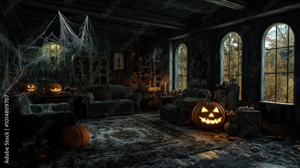 Fototapeta premium Dark interior of house decorated for Halloween pumpkins, webs and spiders