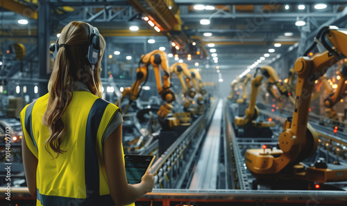 emale engineer stands in high-tech factory, woman checking tablet to oversee operations, person inspecting modern industrial automation and quality control processes maintenance photo