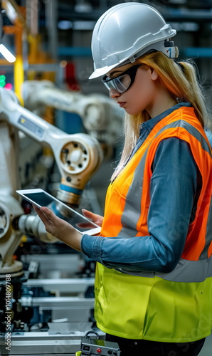 emale engineer stands in high-tech factory, woman checking tablet to oversee operations, person inspecting modern industrial automation and quality control processes maintenance