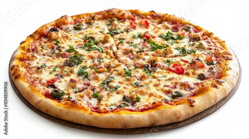 Quattro Formaggi pizza with golden bubbling cheese, isolated on a white background, with colorful ingredients on a rustic wooden table