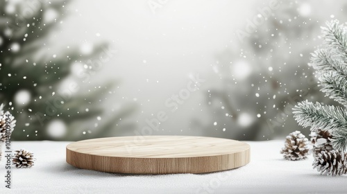 Empty Blank Light Brown Wooden Podium Stand Platform Snow Winter Wonderland Day Background View Backdrop Xmas Concept Mockup Template Product Demonstration Presentation Advertisement Commercial Sale. photo