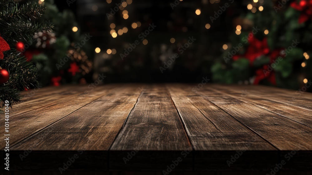Empty wooden table with christmas theme in background Empty wooden table with christmas theme in background