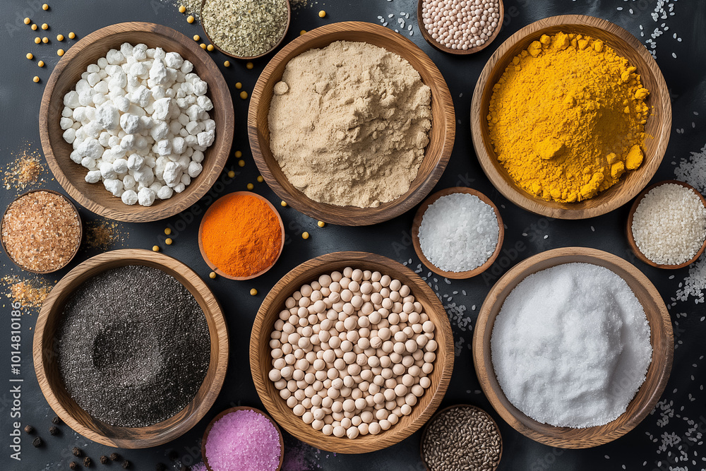 A collection of spices and powders is artistically arranged in wooden bowls, highlighting vibrant colors and textures, perfect for a culinary ambiance A collection of spices and powders is artistically arranged in wooden bowls, highlighting vibrant colors and textures, perfect for a culinary ambiance