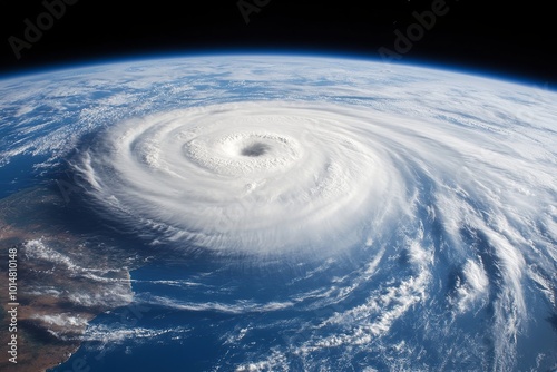 An ultra-realistic view of Earth from space, showcasing a massive swirling hurricane over the ocean