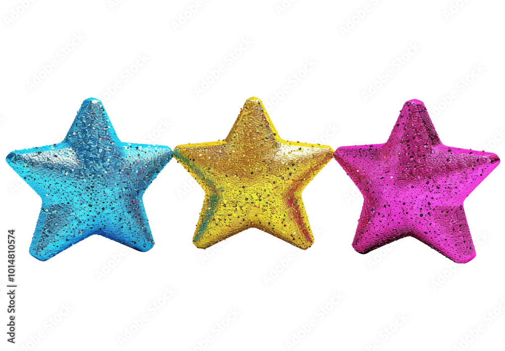 Glittery Decorative Stars in Blue, Yellow, and Pink Colors. Glittery Decorative Stars in Blue, Yellow, and Pink Colors.
