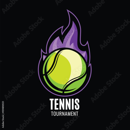 Tennis ball on fire background. Team or tournament colorful symbol or emblem on black background. Design in a graphic art style, Vector illustration