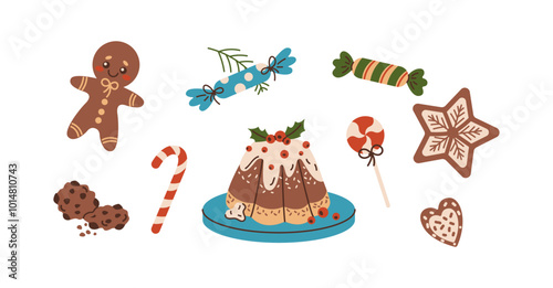 Festive Christmas sweets and treats flat color vector objects set. Traditional sugar treats prepared for winter holidays illustrations on white
