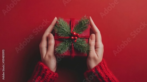 Female's hands in pullover holding Christmas gift box decorated with evergreen branch on red background. Christmas and New Year concept.