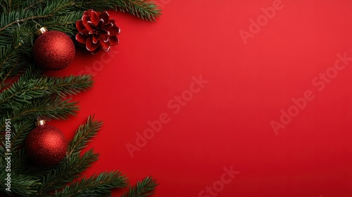 Fir branches with Christmas decoration on red background, flat lay. Space for text