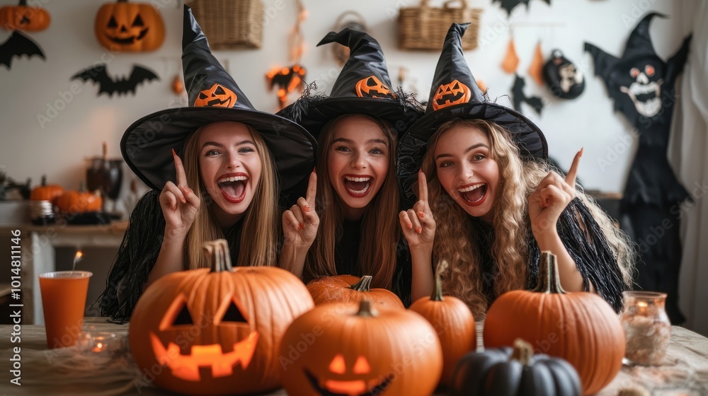 Friends enjoying party celebrating in Halloween witch costume made with generative ai technology Friends enjoying party celebrating in Halloween witch costume made with generative ai technology