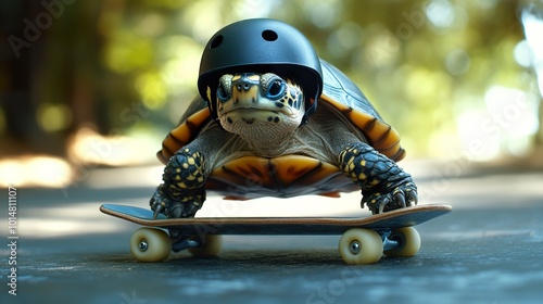 A pet turtle trying to skateboard, with a tiny helmet and knee pads, looking both serious and ridiculous photo