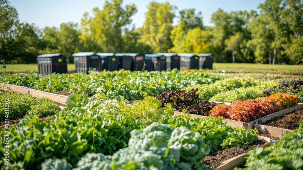 A wideangle shot of a thriving organic vegetable garden with compost bins in the background